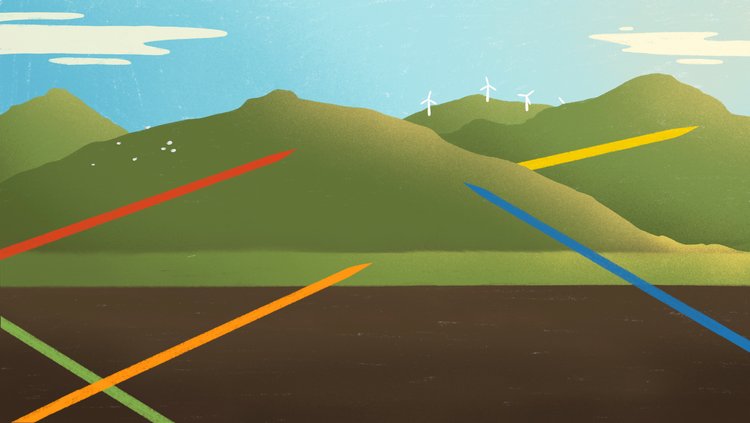 An illustration of hills and the ground below them. Five colourful pick-up-sticks appear on the landscape