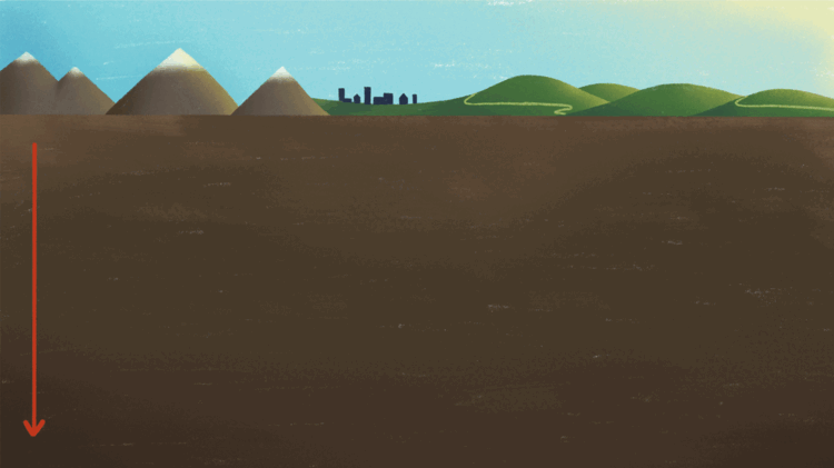 A gif of multiple earthquakes in a sequence happening at different depths. On the surface, there are mountains, hills and a city.