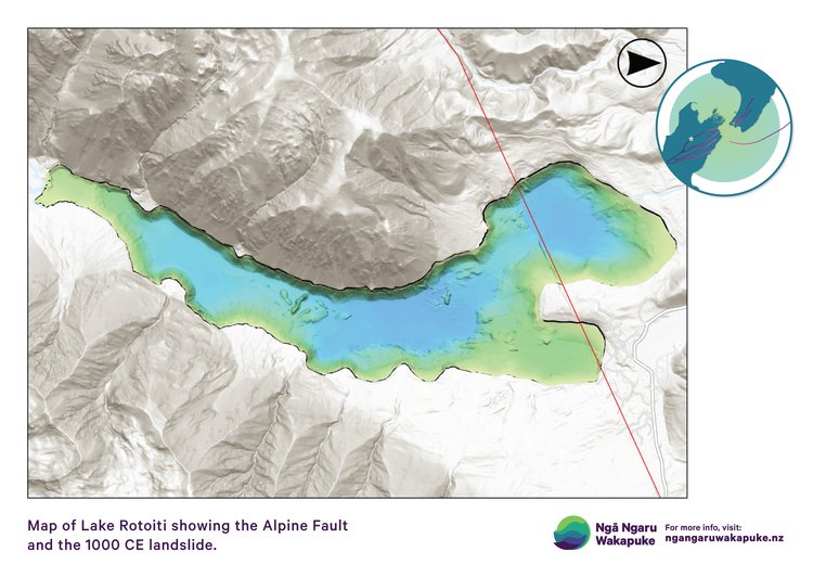 Map of Lake Rotoiti showing the Alpine Fault and the 1000 CE landslide