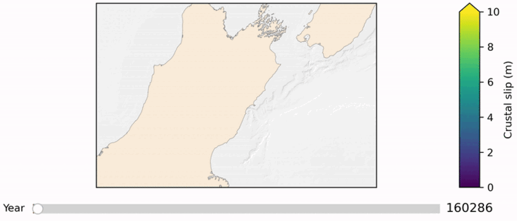 a gif of an earthquake simulator showing earthquakes of various size over a period of a few decades